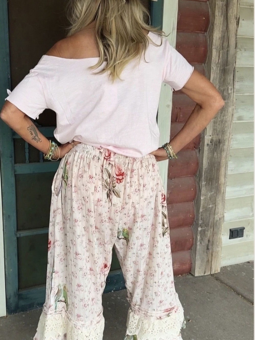 Floral Bird Print Elastic Waist Ruffle Hem Bottoms - Cream Xl New Without Tags - Picture 12 of 12